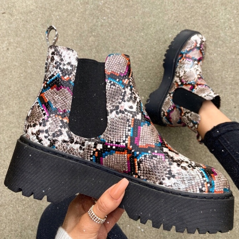 Multi colored snake platform Chelsea bootie